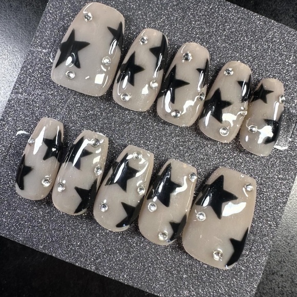 Medium coffin with black stars and gems handmade press on nails - Picture 3 of 7